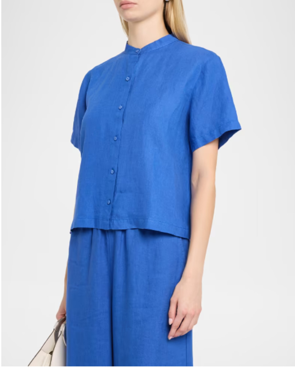 Eileen Fisher NWT Button-Down Organic Linen Shirt M Short Sleeve Mandarin Neck